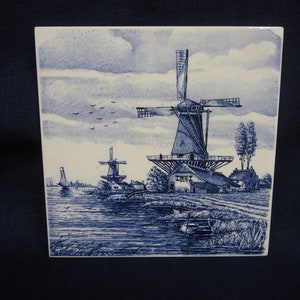Villeroy and Boch, vintage tile, blue and white, windmill design, 6 inches square