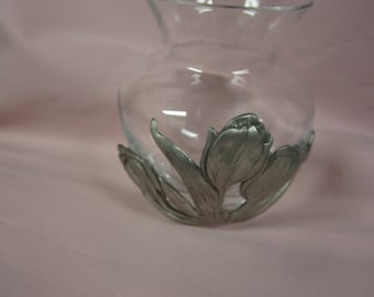 Seagull Pewter, Small Glass Vase, Tulip Design, Flowers, Vintage