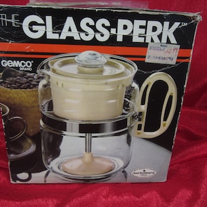 The Glass-Perk, par Gemco, cafetière vintage, percolateur, verre et plastique, état neuf, cafetière sur cuisinière