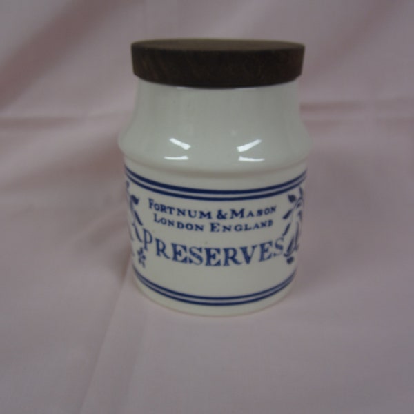 Fortnum & Mason, Vintage cannister, 4.25 inches tall, blue writing, Preserves jar