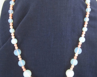 Vintage necklace, beaded necklace, pink and blue, 21.5 inches length