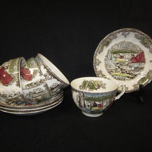 4 x cups and saucers, Johnson Bros, Friendly Village, The Ice House scene