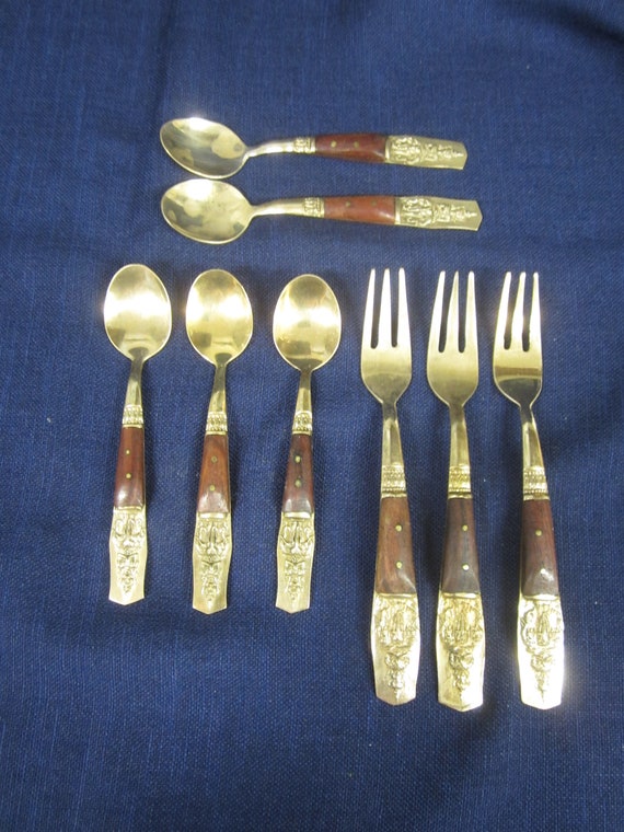 Fork and Spoon Set, Nickel Bronze, Thailand Cutlery, Wooden