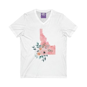 T-shirt unisex con scollo a V a maniche corte e fiori ad acquerello dell&#39;Idaho State
