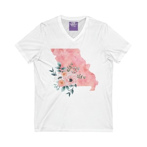 T-shirt con scollo a V a maniche corte unisex con fiori ad acquerello dello stato del Missouri