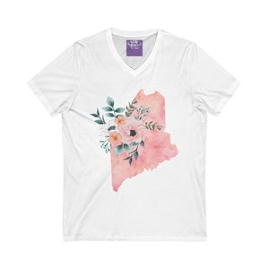 Maine State Watercolor Flowers Unisex Short Sleeve V-Neck Tee