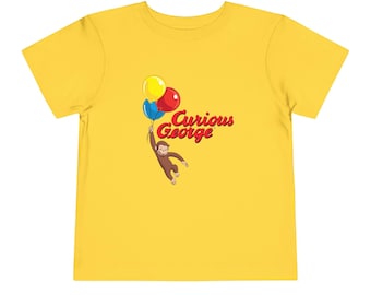 Curious George with Balloons Modern Cartoon with Logo Toddler Bella+Canvas Short Sleeve Tee