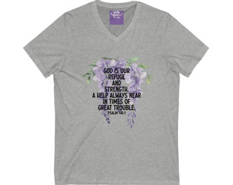 Short Sleeve Psalm 46:1 Refuge and Strength in Times of Great Trouble Bible Verse V-Neck Tee