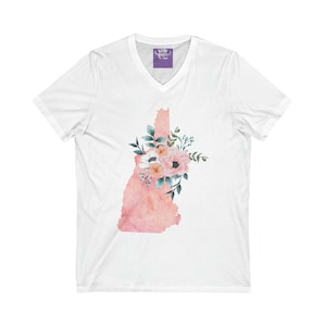 New Hampshire State Watercolor Flowers Unisex Short Sleeve V-Neck Tee