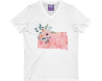 Camiseta unisex de manga corta con cuello en V y flores de acuarela del estado de Dakota del Sur