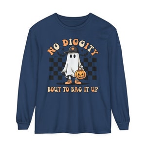 No Diggity 'Bout to Bag It Up Retro Groovy Ghost Bats Abóbora Checkered Engraçado Outubro Outono Halloween Unissex Conforto Cores Camiseta de manga comprida
