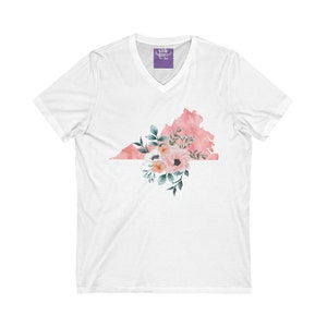T-shirt unisex con scollo a V a maniche corte e fiori ad acquerello della Virginia State