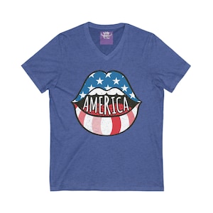 America USA Red White and Blue Striped Lips 4th of July Short Sleeve V-Neck Tee