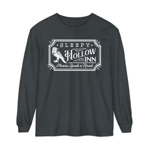 Sleepy Hollow Inn Please Book A Head Fall October Halloween Spooky Vibes Raven Spider Webs Funny Unisex Comfort Colors Long Sleeve Tee