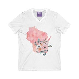 Wisconsin State Watercolor Flowers Unisex Short Sleeve V-Neck Tee