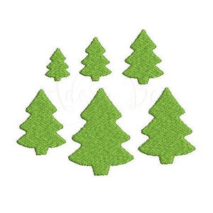 May include: A digital embroidery design featuring a group of six green stylized Christmas trees of varying sizes.