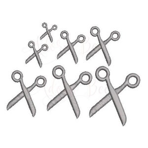 May include: A set of eight silver embroidery designs of scissors. The scissors are arranged in a random pattern.