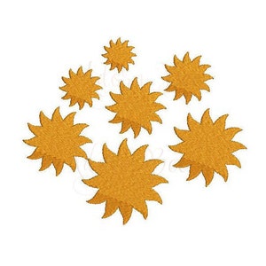 May include: A cluster of seven gold star-shaped embroidery designs on a white background.
