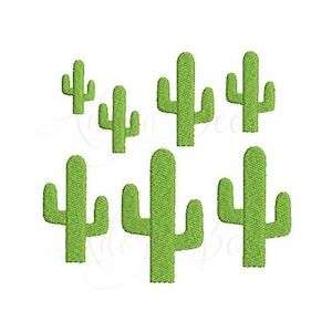 May include: A digital embroidery design featuring a group of seven green cacti of varying sizes. The cacti are arranged in a cluster, with the largest cactus in the centre.