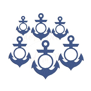 May include: Set of six blue anchor-shaped napkin rings. The anchors are different sizes and have a ring in the centre.