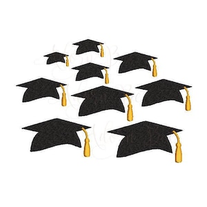 May include: A group of nine black graduation caps with gold tassels. The caps are arranged in a cluster, with some overlapping.