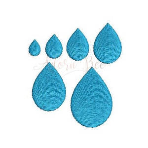May include: A set of six blue raindrops, embroidered in a simple design. The raindrops are arranged in a staggered pattern, with the largest raindrop at the bottom.