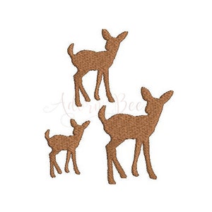 May include: A brown silhouette of a family of three deer. The deer are standing in a group, with the largest deer in the center and the two smaller deer on either side.