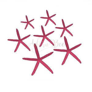 May include: A cluster of seven pink starfish, arranged in a circular pattern on a white background.