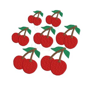 May include: A cluster of nine red cherries with green stems and leaves. The cherries are arranged in a circular pattern.