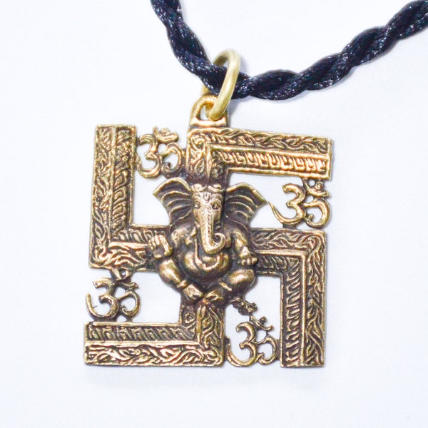Ganesha Hindu Sanskrit Swastika and Om Ancient Symbols brass charm amulet pendant necklace