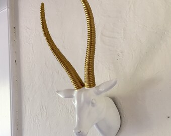 Large faux antelope head, white and gold, wall hanging taxidermy, Sale
