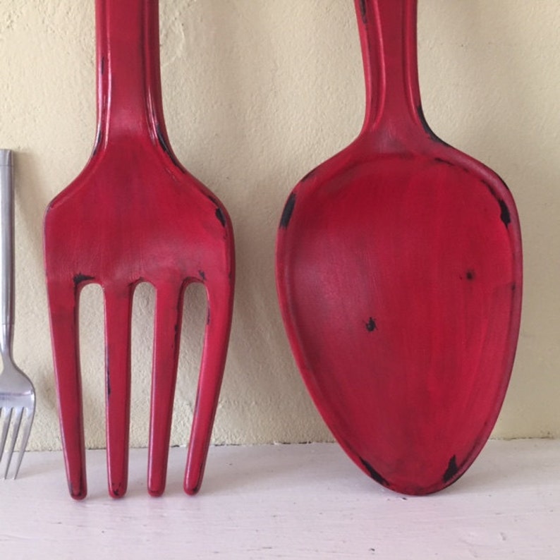 Xlarge fork and spoon wall decor distressed shabby chic Red Etsy