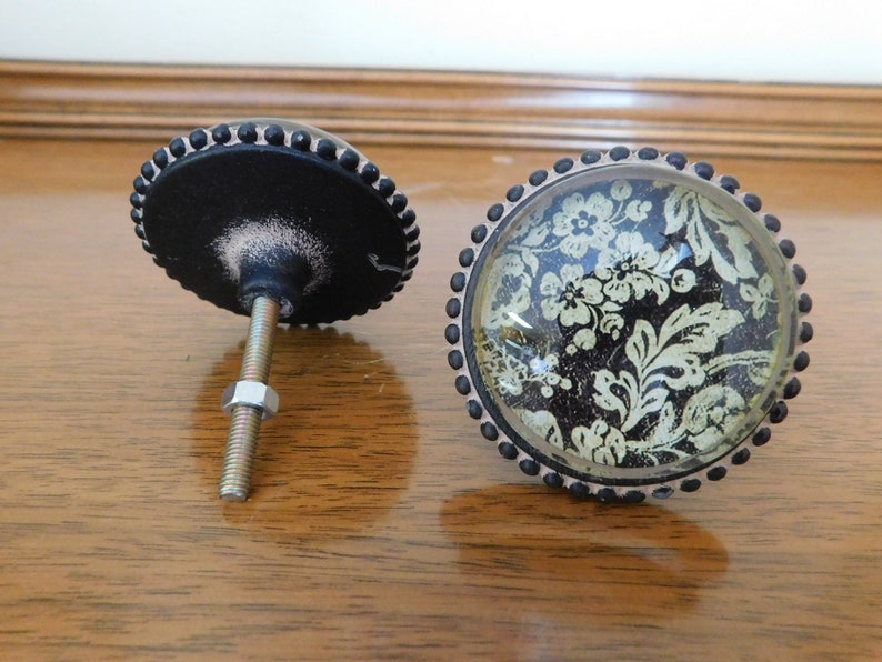 4 large black and beige floral pewter knobs drawer pulls