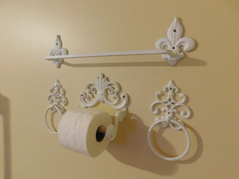 Toilet Paper Wall Holder Towel Bar And 2 Rings Mount White Cast Iron