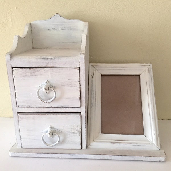 Wood picture frame and storage, desk top, distressed in light ivory