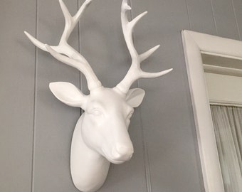Large faux deer deer head with 10 point antlers, white, wall hanging taxidermy