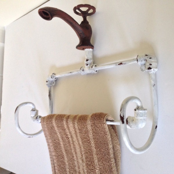 Shabby chic faucet towel holder, white, cast iron