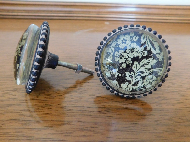 4 large black and beige floral pewter knobs drawer pulls
