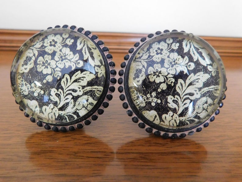 4 large black and beige floral pewter knobs drawer pulls