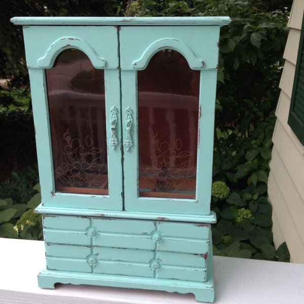 vintage jewelry armoire box, shabby chic mint, large