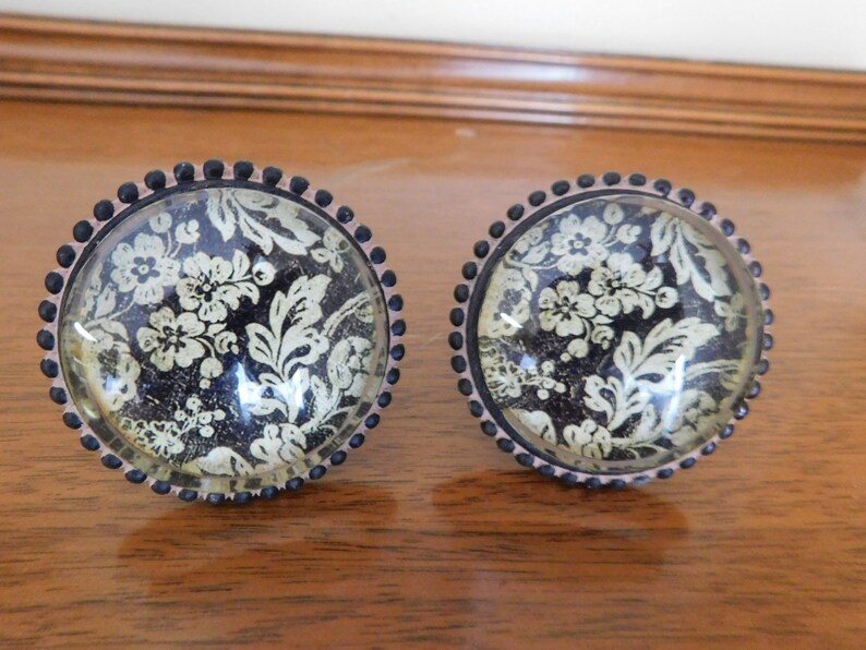 4 large black and beige floral pewter knobs drawer pulls
