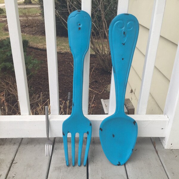 X-large fork and spoon wall decor, distressed Cayman blue, Sale