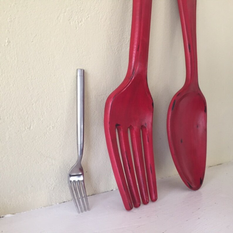 Xlarge fork and spoon wall decor distressed shabby chic Red Etsy