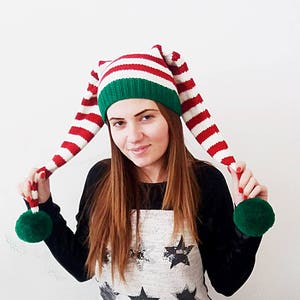 Hand-Knitted Christmas Elf Hat with Two Pom Poms - Holiday Costume Beanie