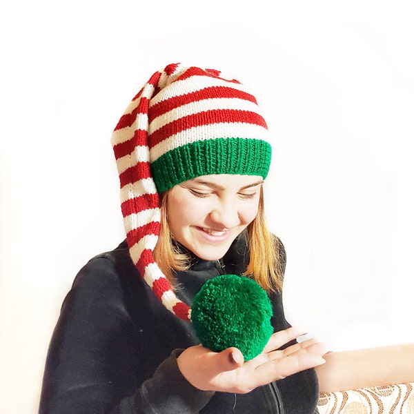 Bonnet lutin de Noël longue queue avec pompon vert, nouveau-né à adulte, tricot à la main, bonnet de Noël à longues rayures, bonnet bébé lutin photo Prop