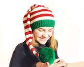 Christmas Long Tail Elf Hat with green Pom Pom, Newborn to Adult, Hand Knit, Christmas Long Striped Stocking Cap, Photo Prop Baby Elf hat