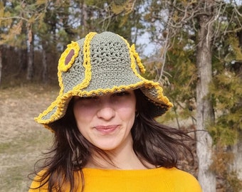Crochet summer hat with sunflowers, Crochet Bucket Hat, Handmade Bucket Hat, Crochet Bucket hat, Cotton summer hat, Boho Bucket for women