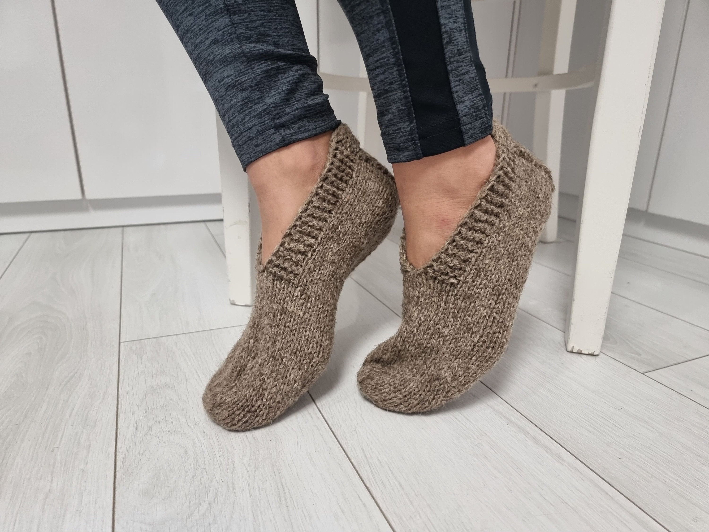 Hand Knitted Natural Wool Slippers: Warm Brown Woolen Socks