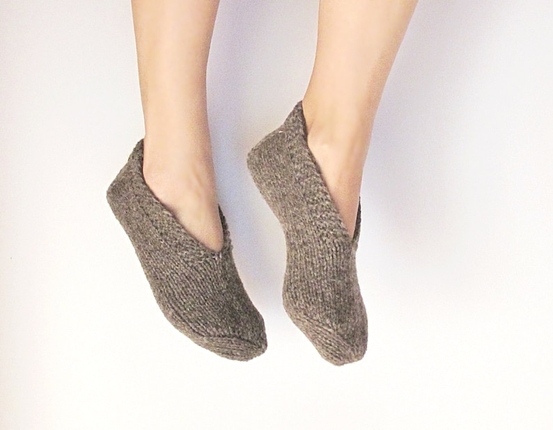 Wool Slippers, Natural Woolen Slippers-grey brown, Hand Knitted