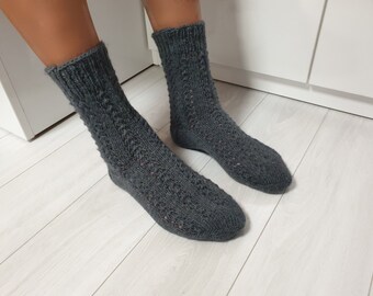 Wool Socks, Grey 100% Wool Socks, Natural Knitting Wool Socks, Handmade Knit, Warm Sock for Winter, Knitted Socks,Men's wool socks